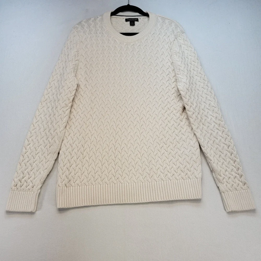 Banana Republic Sweater Mens L Ivory Honeycomb Cable Knit Supima Cotton Crewneck